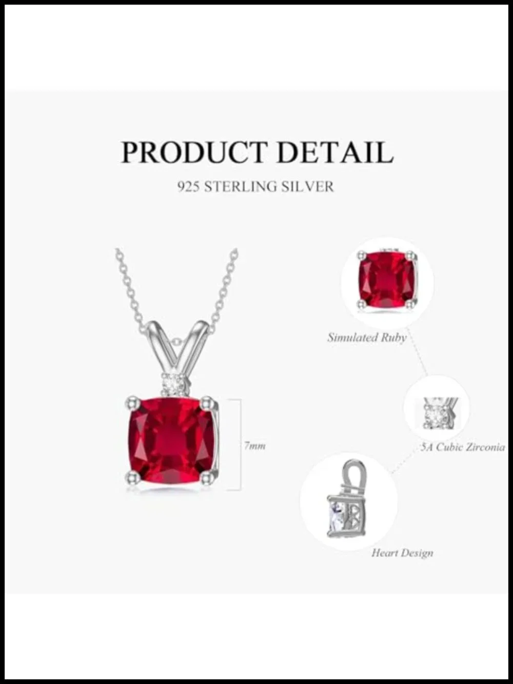 2CT Cushion Cut Simulated Ruby Pendant Necklace S925 Sterling Silver